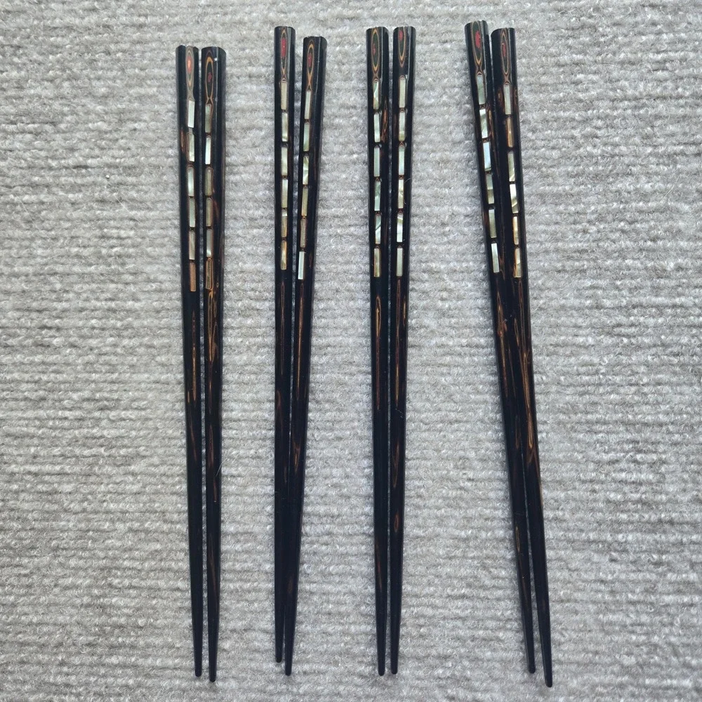 Vintage Japanese Wakasa Lacquer Wood Chopsticks Mother of Pearl Inlay 4 Pairs